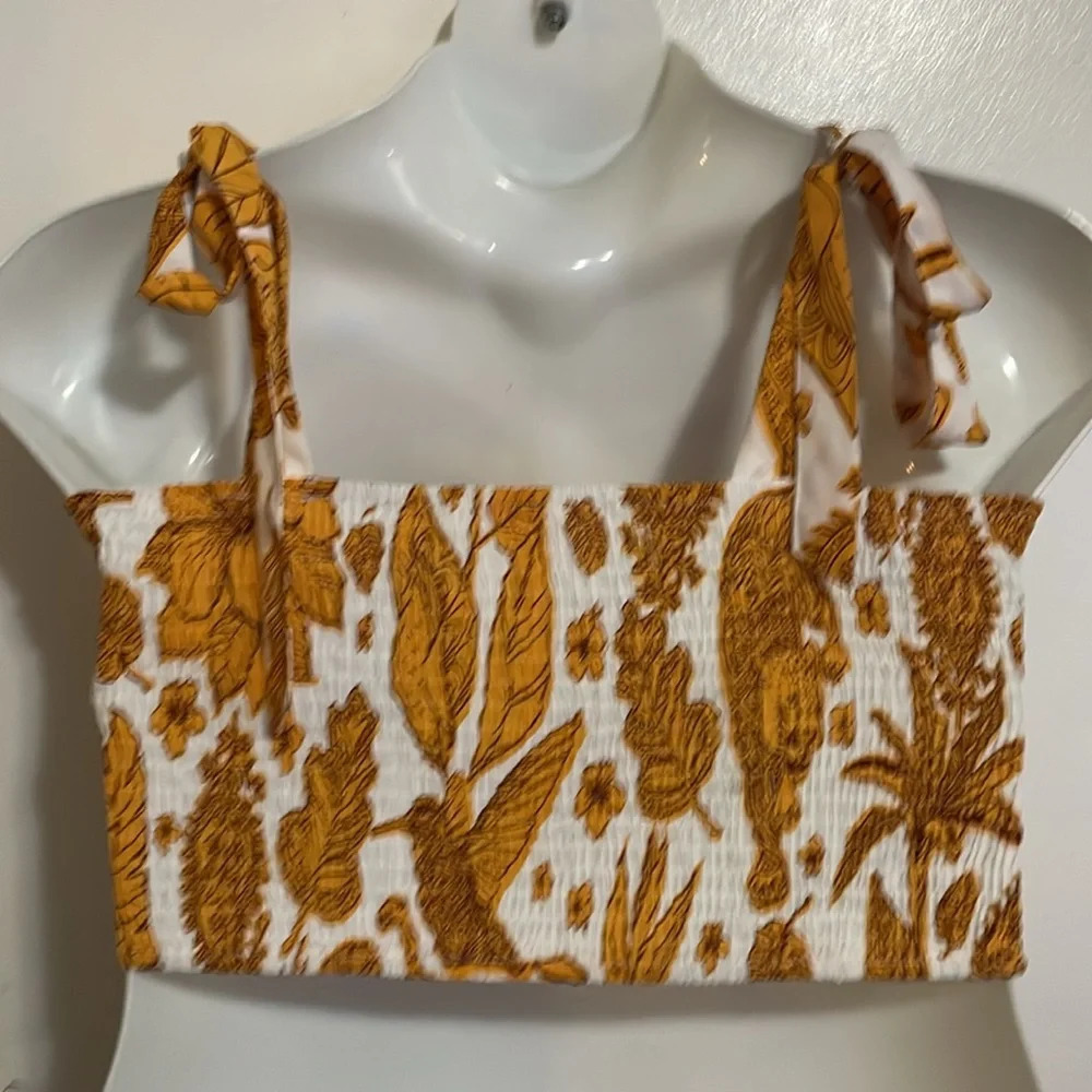 Cider boho tropical tiger gold white tie strap crop tank top 1XL smocked back - Picture 4 of 9